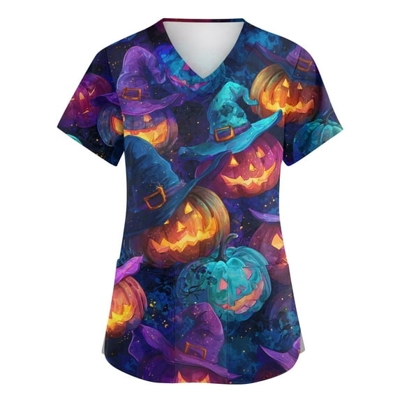 HAJWOH Halloween Scrub Tops Women Short Sleeve Nursing Uniforms Novelty Pumpkin Bat Ghost Spider Witch Print Medical Scrub Trendy Vneck Scurbs Dark Purple XL