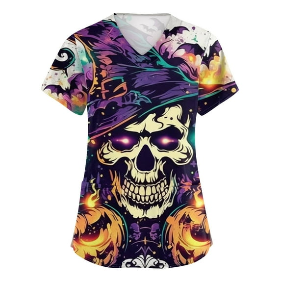 HAJWOH Halloween Scrub Tops Women Short Sleeve Nursing Uniforms Novelty Pumpkin Bat Spider Print Medical Scrub Comfort V-Neck Scurb Tops Light Purple XXXL