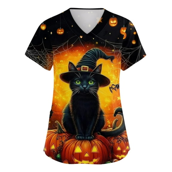 HAJWOH Halloween Scrub Tops Women Short Sleeve Nursing Uniforms Novelty Pumpkin Bat Spider Print Medical Scrub Comfy V-Neck Scurbs Red S