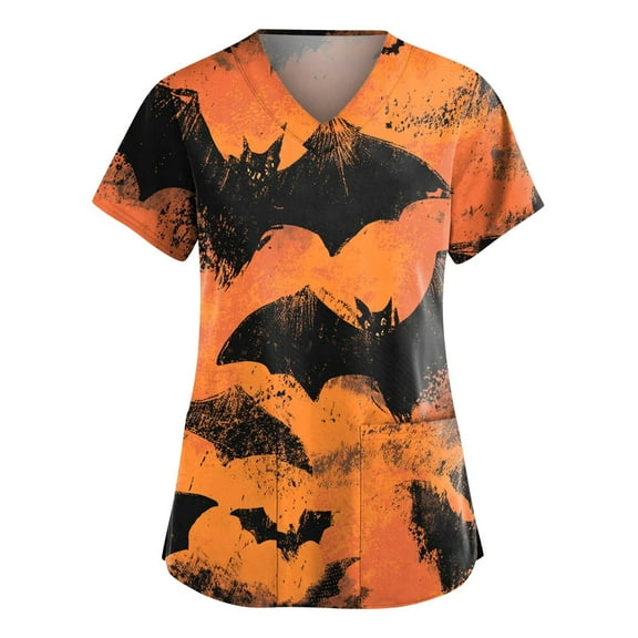 HAJWOH Halloween Scrub Tops Women Short Sleeve Nursing Uniforms Novelty Pumpkin Bat Spider Print Medical Scrub Fashion V Neck Scurb Tops Saffron XXXXL