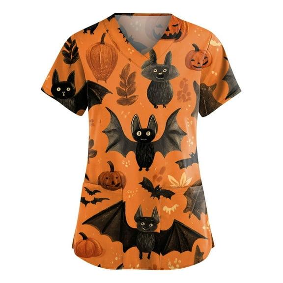 HAJWOH Halloween Scrub Tops Women Short Sleeve Nursing Uniforms Novelty Pumpkin Bat Spider Print Medical Scrub Trendy Vneck Scurb Tops Ginger S
