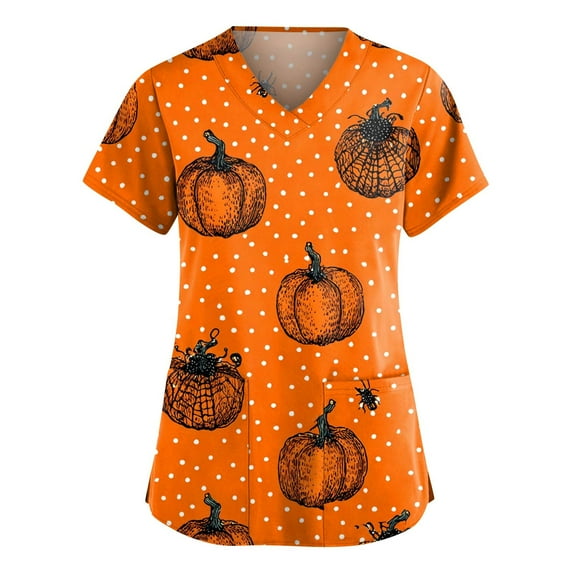 HAJWOH Halloween Scrub Tops Women Short Sleeve Working Uniform Funny Pumpkin Bat Ghost Spider Witch Print Medical Scrub Shirts Trendy V-Neck Scurb Tops Orange XXXL