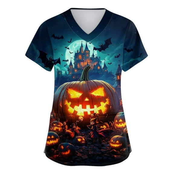 HAJWOH Halloween Scrub Tops Women Short Sleeve Working Uniform Novelty Pumpkin Bat Ghost Spider Witch Print Medical Scrub Shirts Stretchy V-Neck Scurbs Royal Blue XL