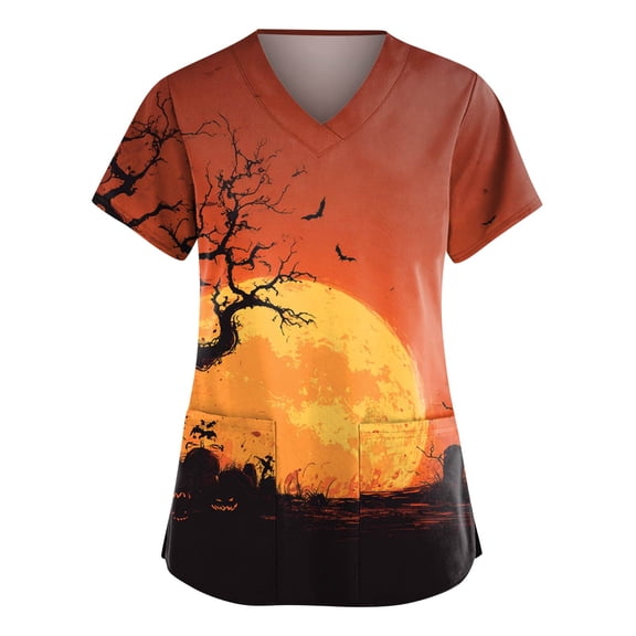 HAJWOH Halloween Scrubs for Women Short Sleeve Nursing Uniforms Funny Pumpkin Bat Ghost Spider Witch Print Medical Scrub Shirts Casual V Neck Scurbs Orange XXXXXL