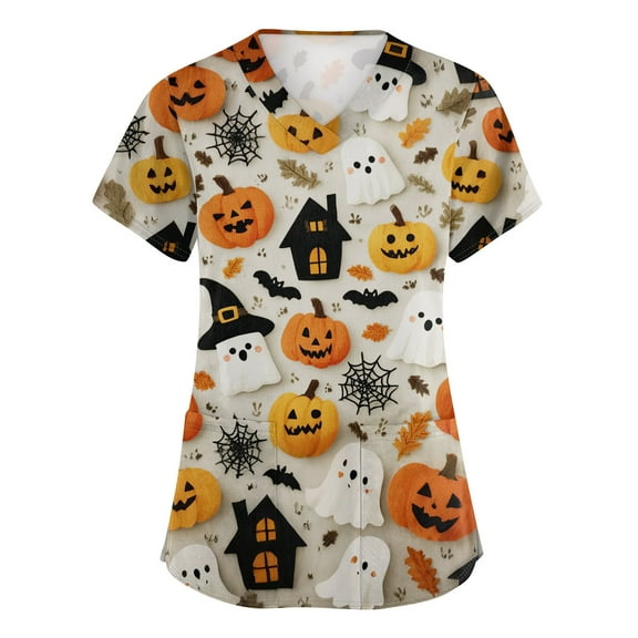 HAJWOH Halloween Scrubs for Women Short Sleeve Working Uniform Funny Pumpkin Bat Spider Print Medical Scrub Shirts Comfy Vneck Scurb Tops Vermilion XXXXXL
