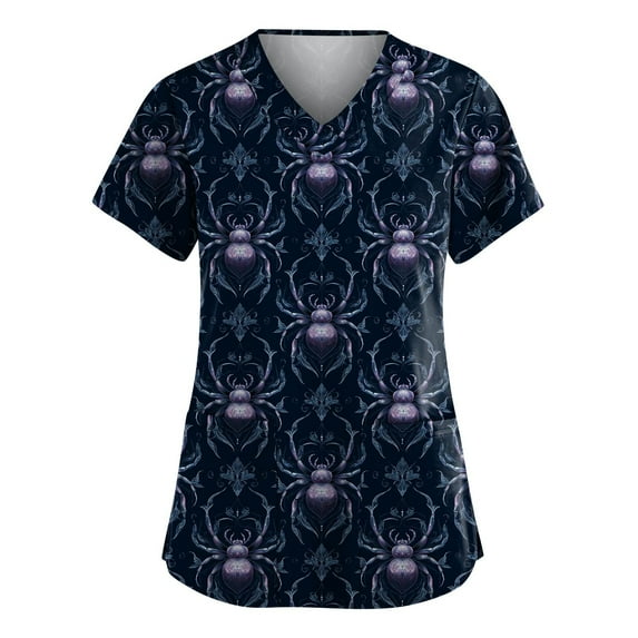 HAJWOH Halloween Scrubs for Women Short Sleeve Working Uniform Novelty Pumpkin Bat Ghost Spider Witch Print Medical Scrub Shirts Soft V-Neck Scurb Tops Dark Blue XL
