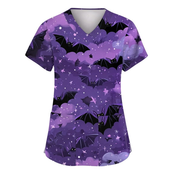 HAJWOH Halloween Scrubs for Women Short Sleeve Working Uniform Novelty Pumpkin Bat Spider Print Medical Scrub Shirts Stretchy V-Neck Scurb Tops Purple XXXXXL