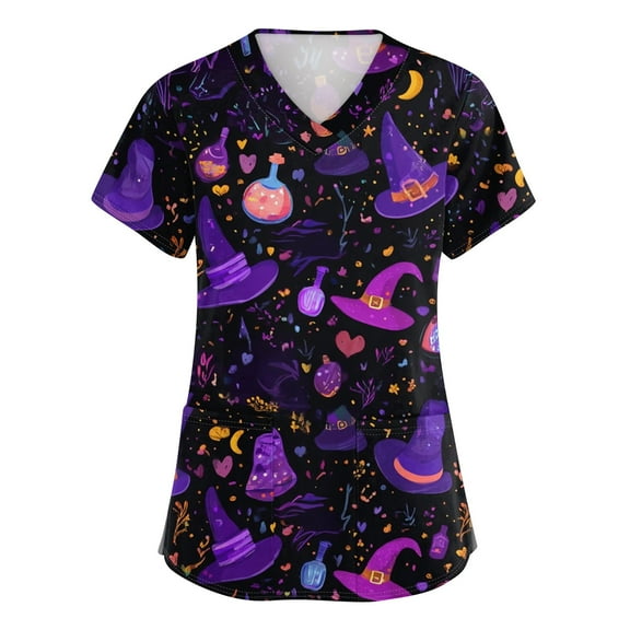 HAJWOH Halloween Scrubs for Women Short Sleeve Nursing Uniforms Funny Pumpkin Bat Spider Print Medical Scrub Comfy V-Neck Scurbs Light Purple XL