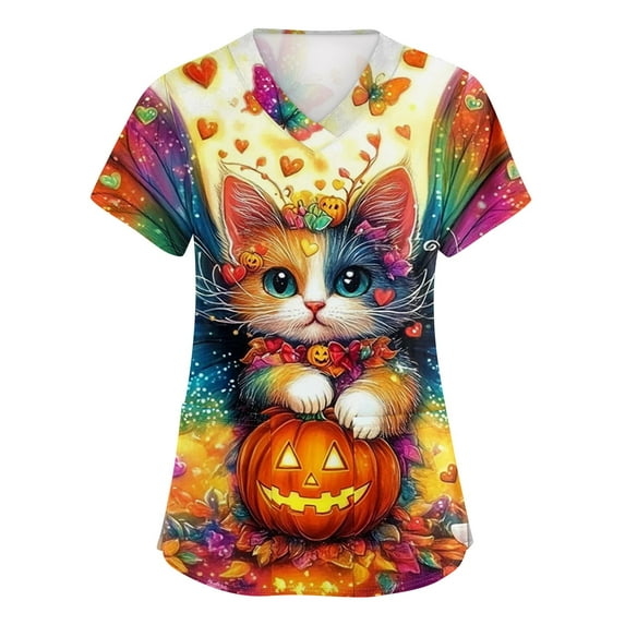 HAJWOH Halloween Scrubs for Women Short Sleeve Nursing Uniforms Novelty Pumpkin Bat Spider Print Medical Scrub Fashion Vneck Scurbs Vermilion L