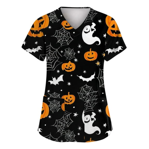 HAJWOH Halloween Scrubs for Women Short Sleeve Working Uniform Funny Pumpkin Bat Spider Print Medical Scrub Shirts Comfort Vneck Scurbs Dark Gray XXL