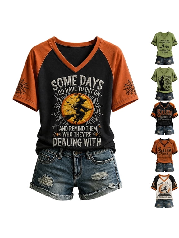 Halloween Shirts for Women Casual Short Sleeve V-Neck Tops Funny Halloween Print Shirts for Casual Party Holiday