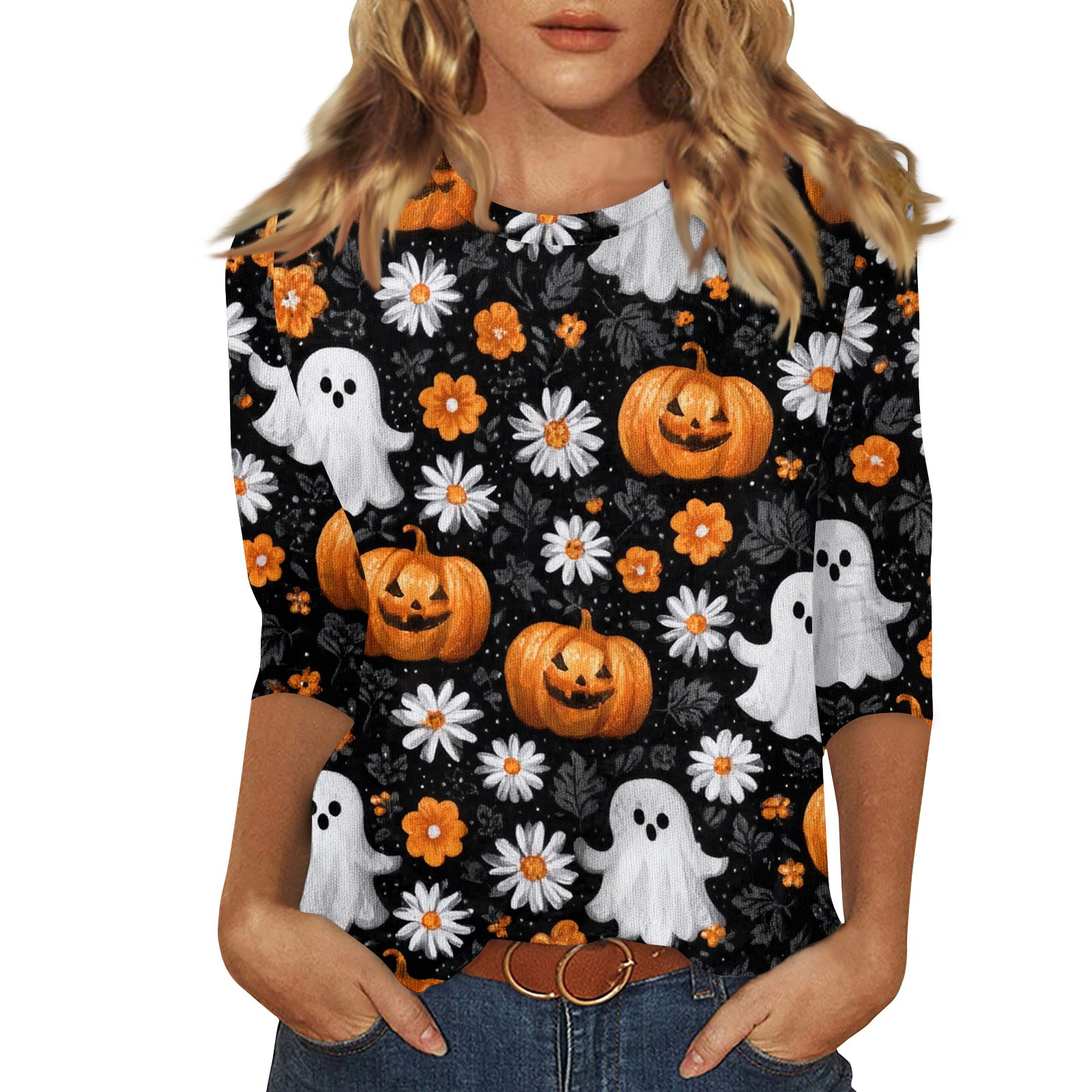 HAJWOH Halloween Shirts for Women Novelty Pumpkin Bat Spider Print ...