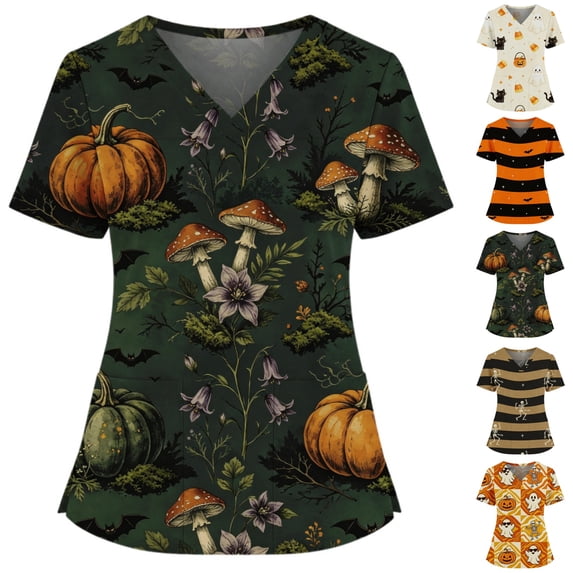 HAJWOH Halloween Women's Medical Scrub Tops Short Sleeve V-Neck Pumpkins Print with Pockets and Side Slit for Halloween Party