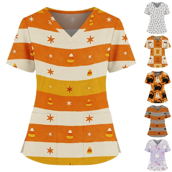 HAJWOH Halloween Women's Medical Scrub Tops Stretch V-Neck Short Sleeve Print with Pockets and Side Slit Nursing Uniform