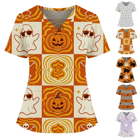 HAJWOH Halloween Women's Medical Scrub Tops Stretch V-Neck Short Sleeve Print with Pockets and Side Slit Nursing Uniform