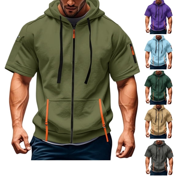 HAJWOH Hoodies for Men Zip Up Short Sleeve Lightweight Jacket Workout Gym Muscle Shirts with Pocket