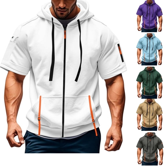 HAJWOH Hoodies for Men Zip Up Short Sleeve Lightweight Jacket Workout Gym Muscle Shirts with Pocket