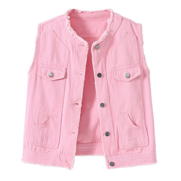 HAJWOH Jean Vest Top for Women 2025 Trendy Sleeveless Jean Jacket Comfy Casual Classic Cute Cropped Jackets Coats Pink S