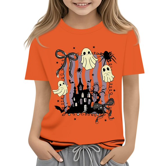 HAJWOH Kids Girls Halloween Cute Printed Short Sleeve T-Shirt Round Neck Loose Fit Casual Blouses