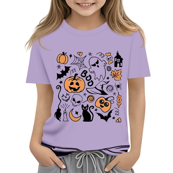 HAJWOH Kids Girls Halloween Printed Short Sleeve T-Shirt Round Neck Loose Fit Casual Shirts