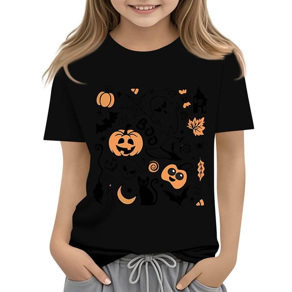 HAJWOH Kids Girls Halloween Printed Short Sleeve T-Shirt Round Neck Loose Fit Casual Shirts