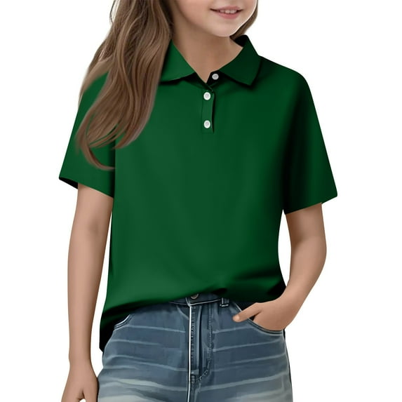 HAJWOH Kids Girls Uniforms Tops for School Short Sleeve Uniforms Casual Button Down T-Shirt 2025 New with Collar Polo Shirts Lightweight Clothes Dark Green 4-5 Years