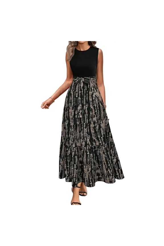 Long Summer Dresses for Women Sleeveless Flowy Print Work Dress Casual Long Dresses with Belt Elegant Fashion Boho Dresses Gray XL