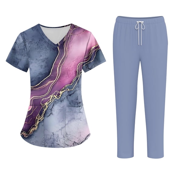 HAJWOH Medical Scrubs Set for Women Cute Print Scrub Top and Cargo Pants with Stretch Nursing Quick Dry Uniform Suits