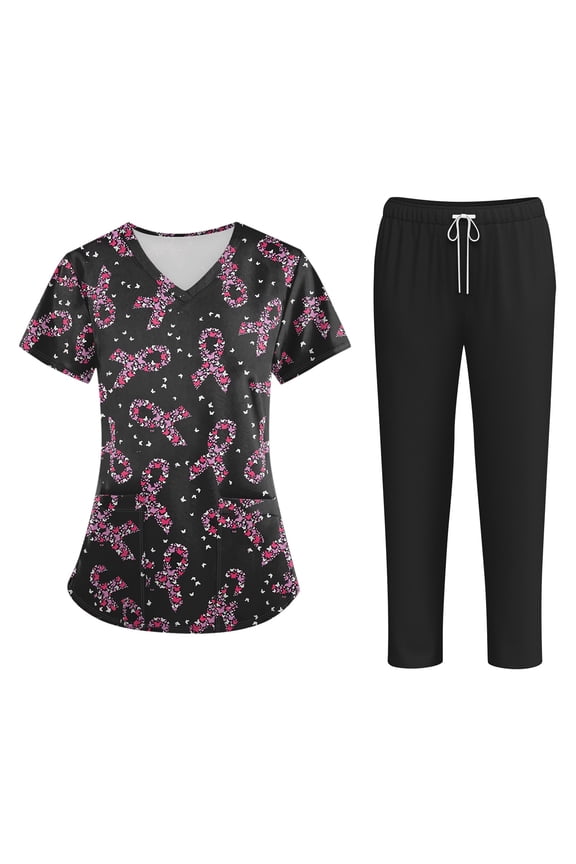Medical Scrubs Set for Women Cute Print Scrub Top and Cargo Pants with Stretch Nursing Quick Dry Uniform Suits