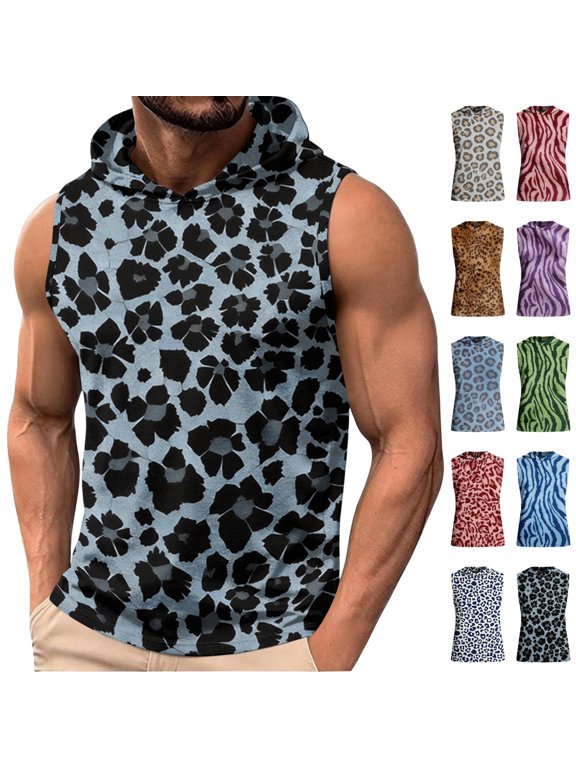 Men Leopard Printed Hooded Tank Top Muscle Short Sleeve Fishing Quick Dry Hoodies Summer Beach Soft Gym Shirts