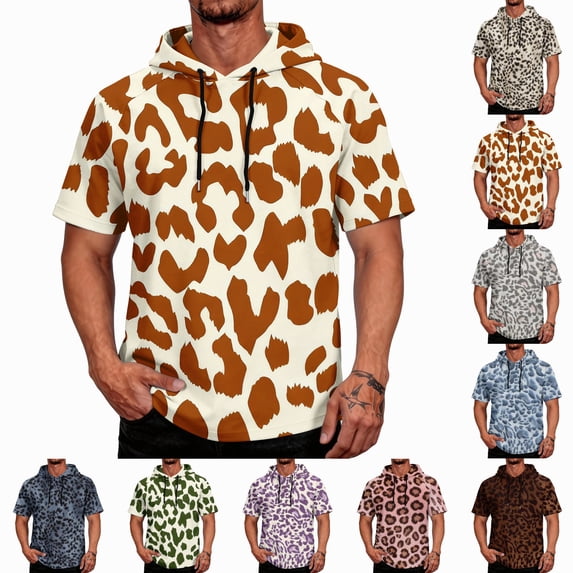 HAJWOH Men Leopard Printed Hooded Tank Top Muscle Short Sleeve Fishing Quick Dry Hoodies Summer Beach Soft Gym Shirts