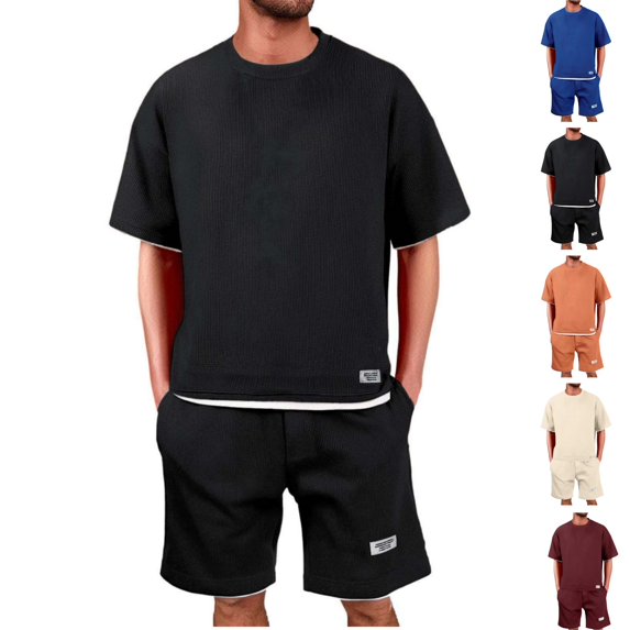 HAJWOH Men Two Piece Outfits Sets Waffle Knit Crew Neck Short Sleeve Shirts Elastic Waist Bermuda Shorts Set Tracksuit