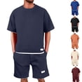 thumbnail image 1 of HAJWOH Men Two Piece Outfits Sets Waffle Knit Crew Neck Short Sleeve Shirts Elastic Waist Bermuda Shorts Set Tracksuit, 1 of 5