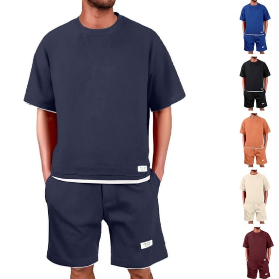 HAJWOH Men Two Piece Outfits Sets Waffle Knit Crew Neck Short Sleeve Shirts Elastic Waist Bermuda Shorts Set Tracksuit
