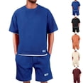 thumbnail image 1 of HAJWOH Men Two Piece Outfits Sets Waffle Knit Crew Neck Short Sleeve Shirts Elastic Waist Bermuda Shorts Set Tracksuit, 1 of 5