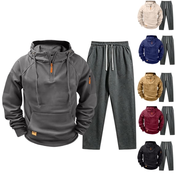 HAJWOH Men's Cargo Sweatsuit 2 Piece Set Quarter Zip Hoodie and Sweatpants Set Joggers Outfit Causal Sport Tracksuits