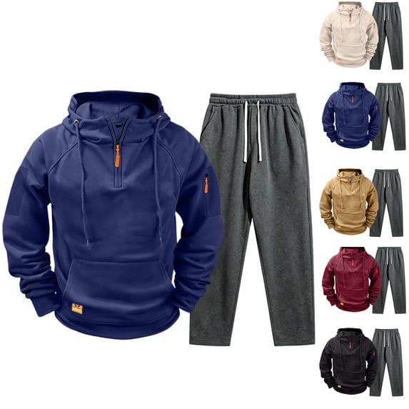 HAJWOH Men's Cargo Sweatsuit 2 Piece Set Quarter Zip Hoodie and Sweatpants Set Joggers Outfit Causal Sport Tracksuits