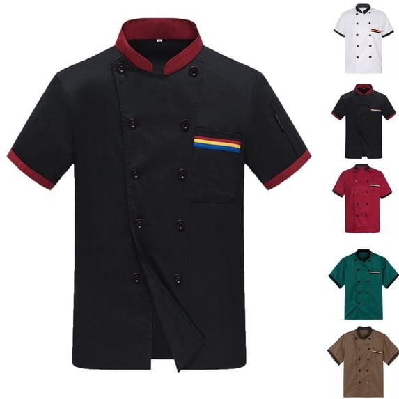 HAJWOH Men's Chef Coat Uniform Short Sleeve Cook Jacket Restaurant Kitchen Work Breathable Clothes