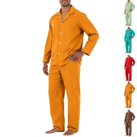 HAJWOH Men's Comfortable Long Sleeve Button Pajama Set Soft Comfy Sleepwear Sleep Bottom