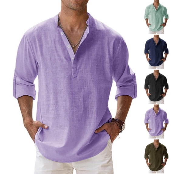 HAJWOH Men's Cotton Linen Henley Shirt Long Sleeve Hippie Tops Casual Beach Blouse Summer Loose Band Collar Basic Tees