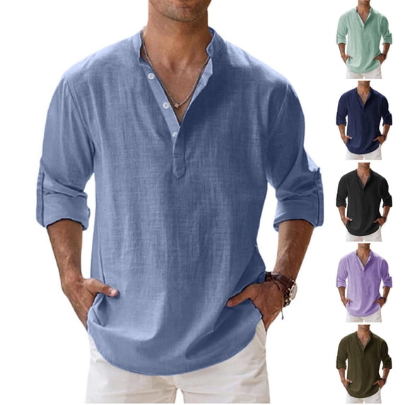 HAJWOH Men's Cotton Linen Henley Shirt Long Sleeve Hippie Tops Casual Beach Blouse Summer Loose Band Collar Basic Tees