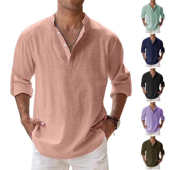 HAJWOH Men's Cotton Linen Henley Shirt Long Sleeve Hippie Tops Casual Beach Blouse Summer Loose Band Collar Basic Tees