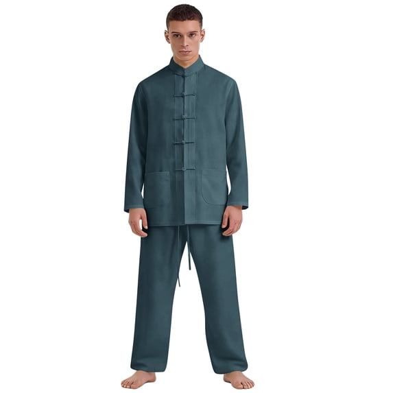 HAJWOH Men’s Cotton Linen Tai Chi Set 2 Piece Kung Fu Outfits Long Sleeve Martial Arts Training Suit Lightweight Breathable Workout Clothing Light Green S