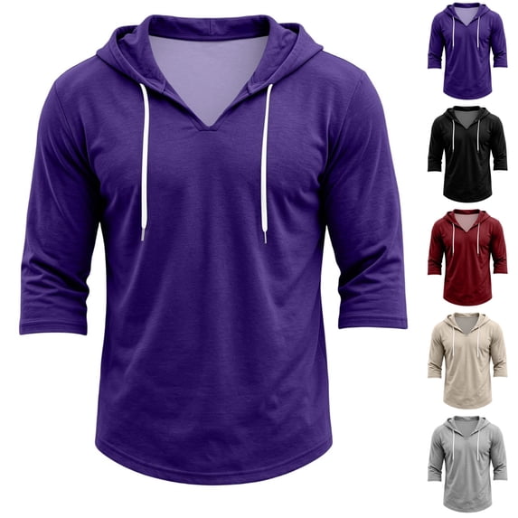 HAJWOH Men's Hoodies 3/4 Sleeve Workout Beach Shirts Vneck Breathable with Drawstring Sweatshirt