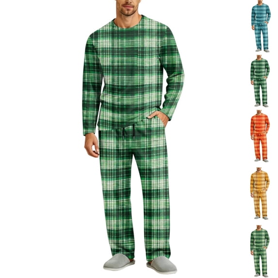 HAJWOH Men's Long Sleeve Plaid Pajama Set with Elastic Drawstring Waist Pants for Home Loungewear