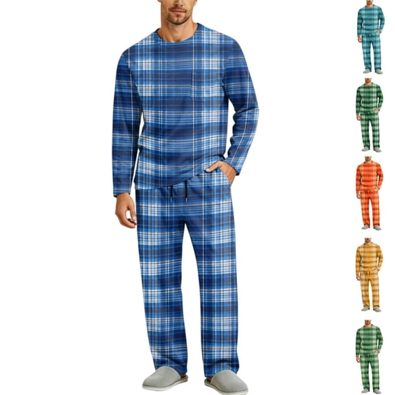 HAJWOH Men's Long Sleeve Plaid Pajama Set with Elastic Drawstring Waist Pants for Home Loungewear