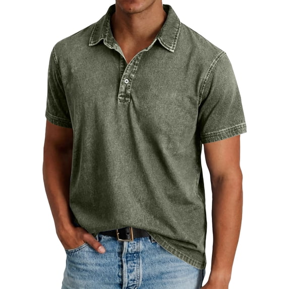 HAJWOH Men's Polo Shirts with Collar Short Sleeve Distressed Washed Cotton T-Shirts Button Casual 2026 Summer Tee Tops Clothing