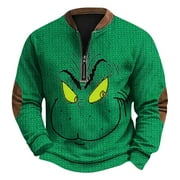 HAJWOH Grinchs Sweatshirt for Men Long Sleeve Zip Up Golf Sweatshirt with Elbow Patches Vintage Knit Print Pullover Top Christmas Big and Tall Stand Collar Sweaters Green L