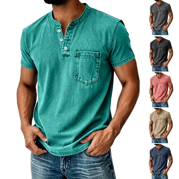 HAJWOH Mens Henley Shirts Crewneck Washed Casual Short Sleeve Stylish Vintage T-Shirts with Pockets