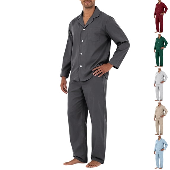 HAJWOH Mens Pajama Set, Soft Long Sleeve Pajamas Lightweight Button Up Sleepwear Lounge Pjs Set